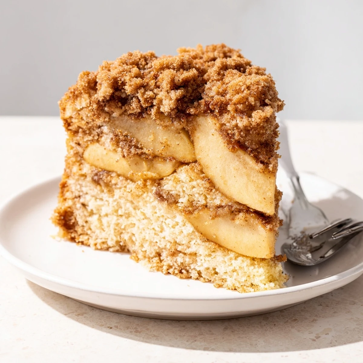 Saftiger Apple Streusel Cake mit goldbraunem Streusel und zarten Äpfeln.  