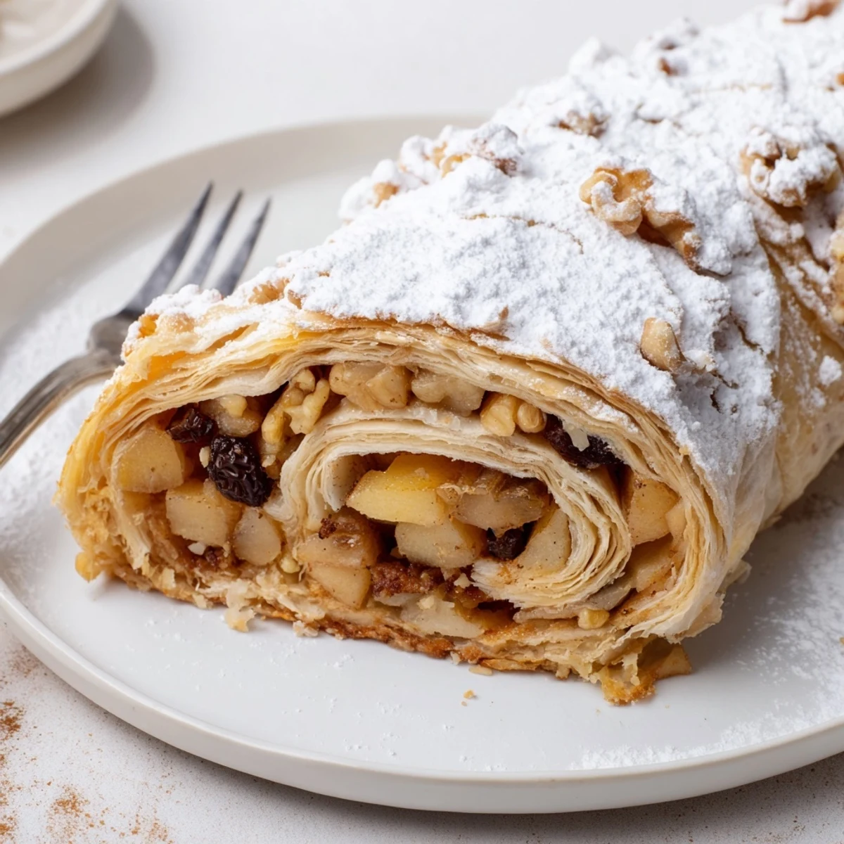 Ein klassisches Wiener Apfelstrudel, der warme, zarte Äpfel in knusprigem Teig umhüllt.  