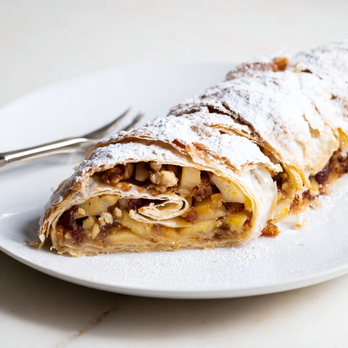 Golden gebackener Wiener Apfelstrudel, bestäubt mit Puderzucker und voller köstlicher Füllung.    