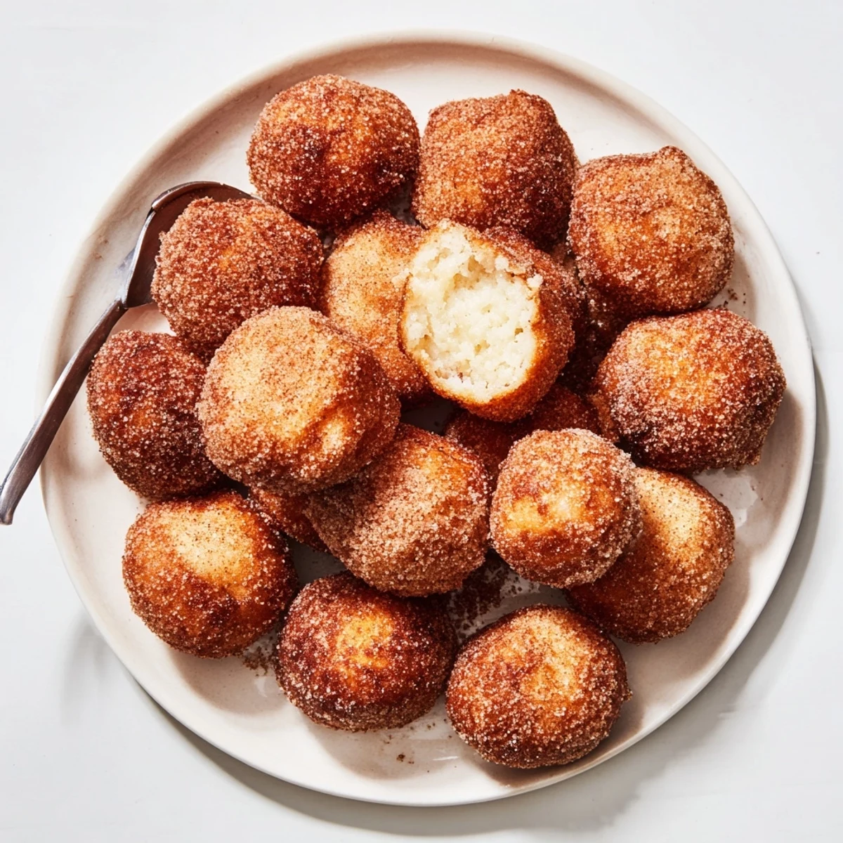 Leichte, fluffige Quark-Donutbällchen, paniert mit Zimt-Zucker, perfekt zum Frühstück.  
