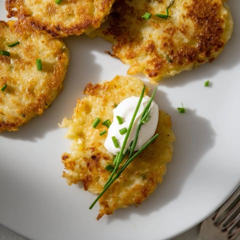 Knusprige Country Potato Pancakes, perfekt gebraten goldbraun, serviert mit einem Klecks saurer Sahne.