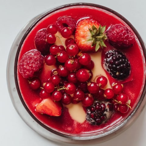 Vibrante rote Beerenpudding mit Sommerfrüchten, perfekt mit Vanillesoße serviert.